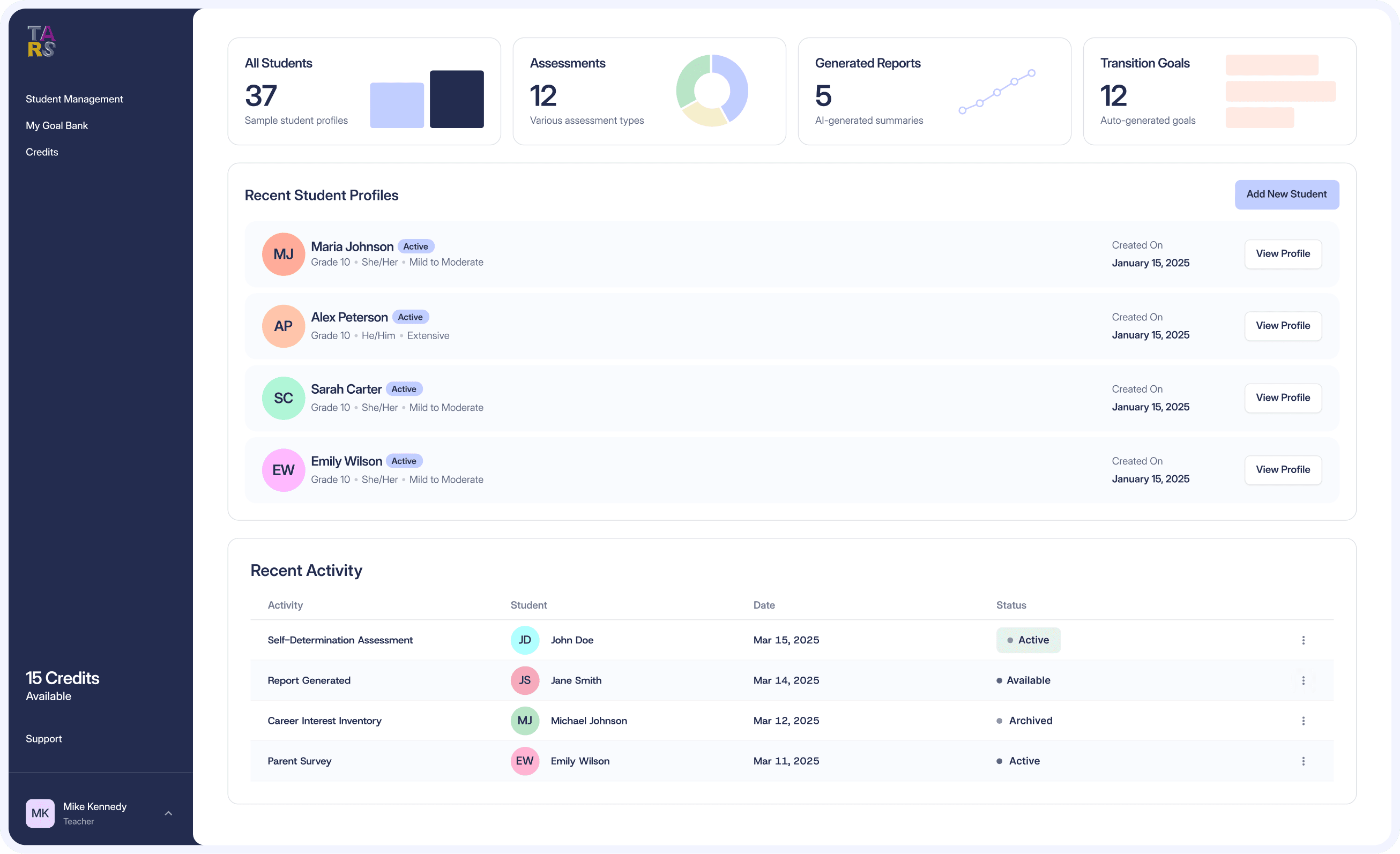 TARS dashboard showing student management, assessments, reports, and recent activity