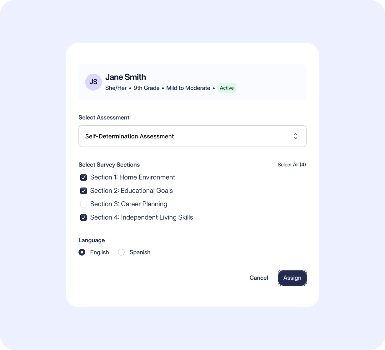 Assessment selection interface