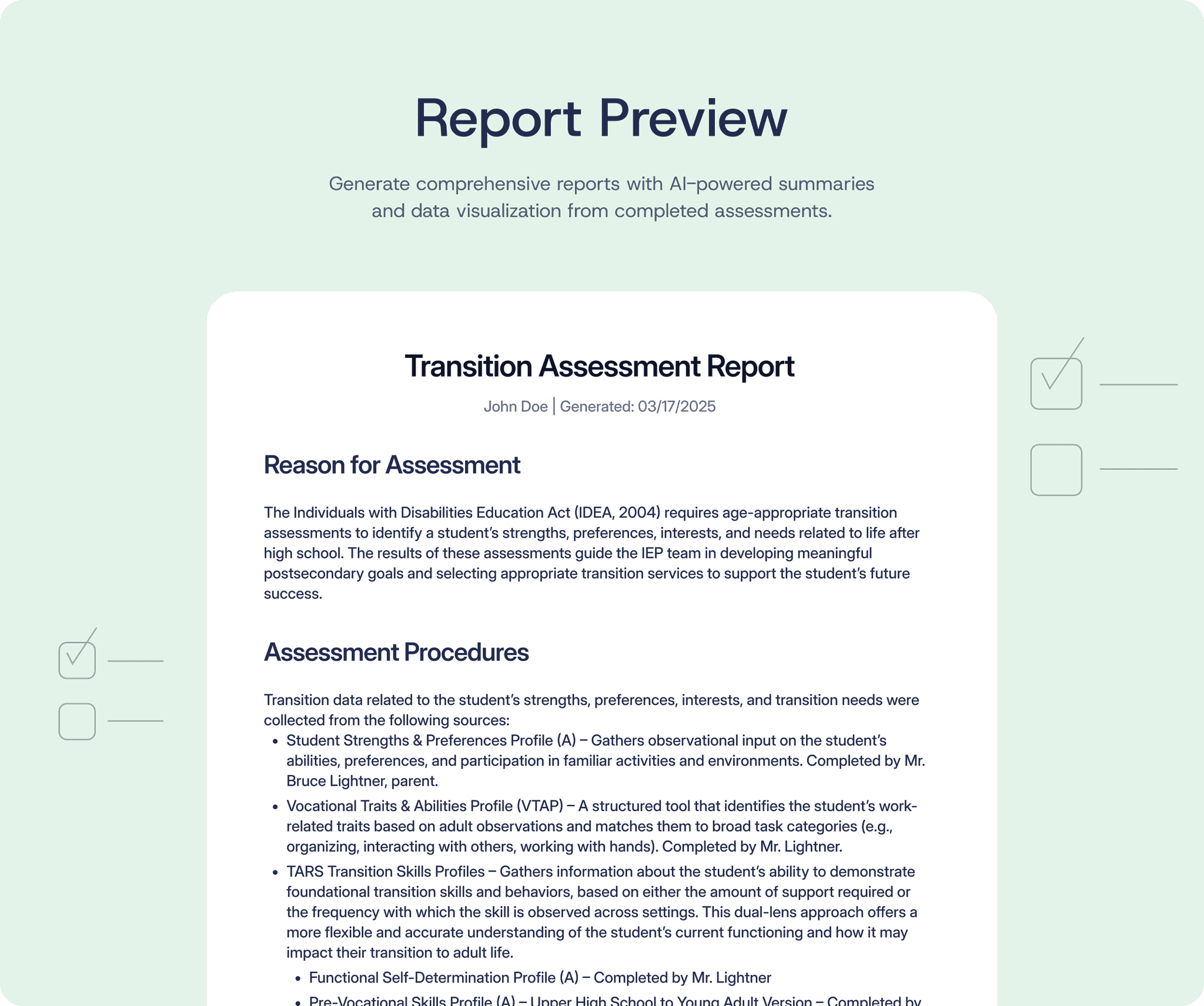Transition assessment report preview