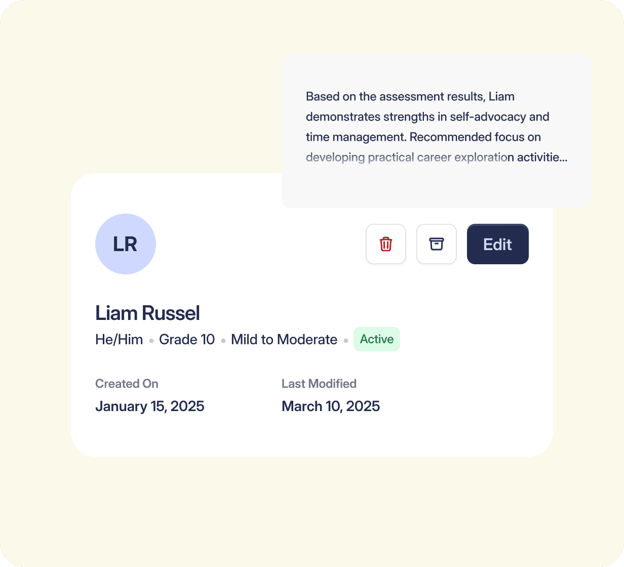 Student profile card with analysis